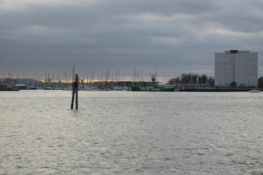 Haslar Marina in Gosport, where the RNLI brought the 149 people ashore, seen across Portsmouth Harbour under a grey sky
