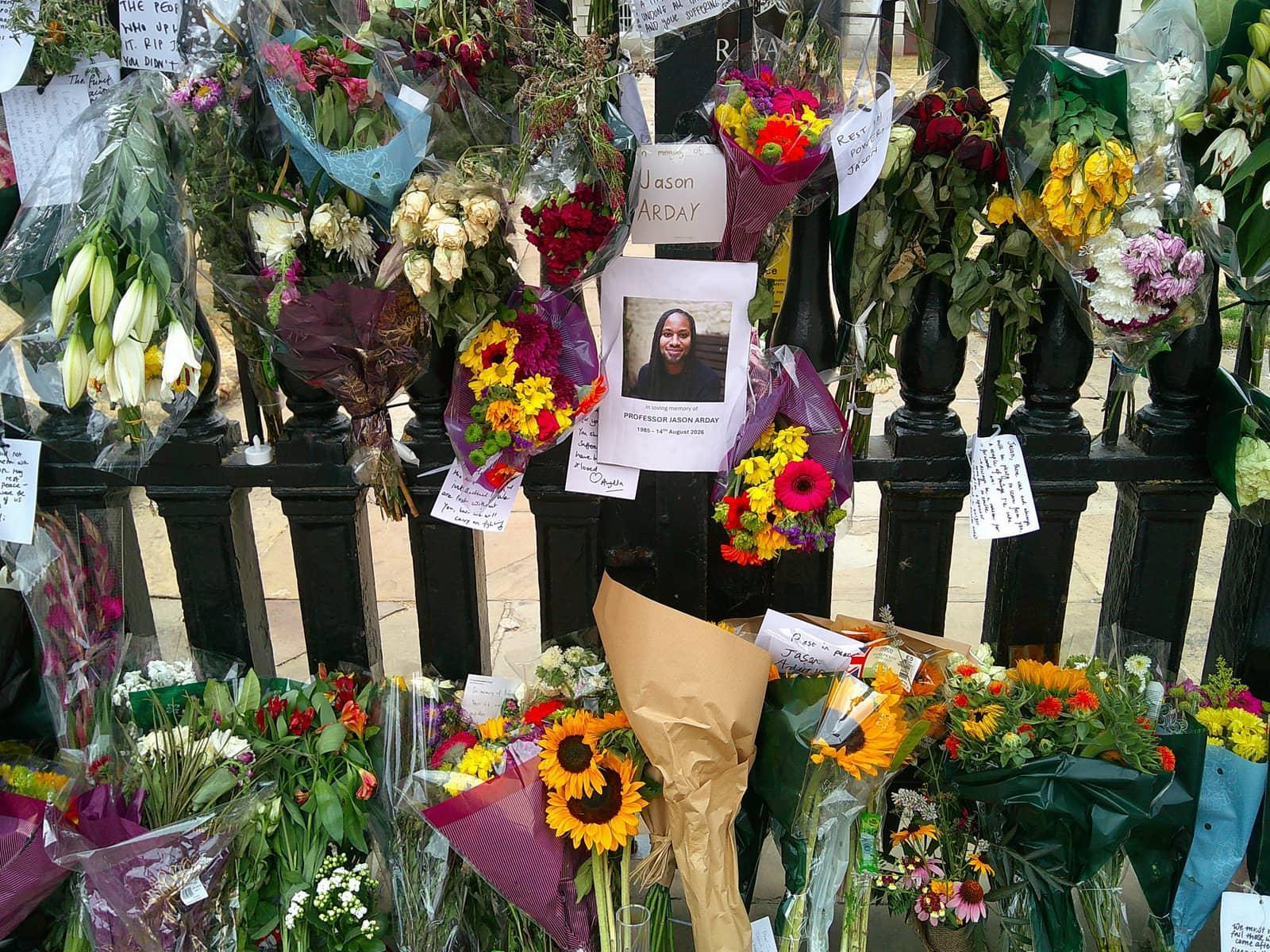 Floral tributes to Jason Arday outside Senate House, Cambridge, August 2026