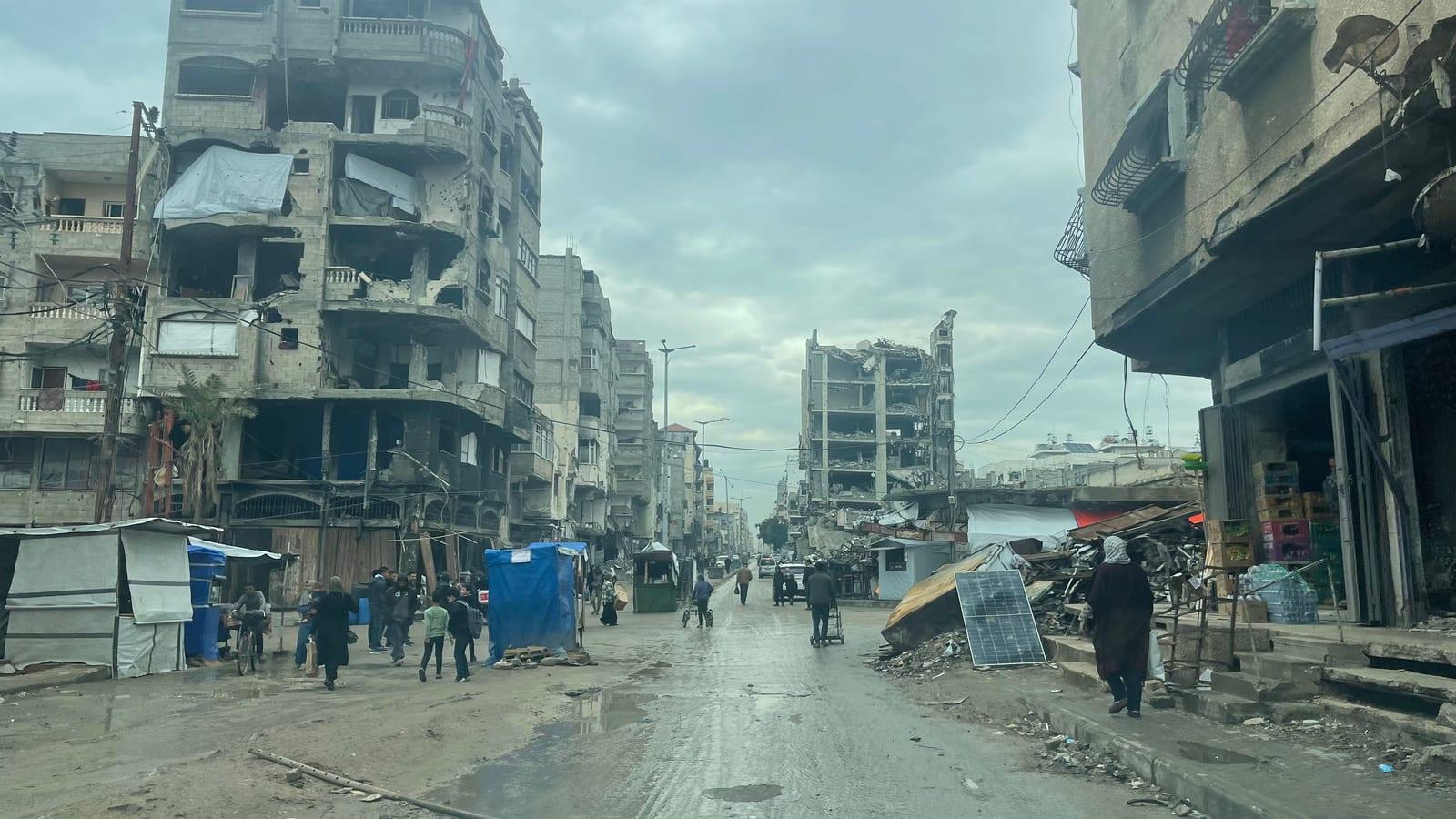 Destruction from Israeli bombing on a street in central Gaza City, February 2025