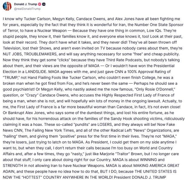 Trump Attacks Former MAGA Allies Over Iran War Criticism on Truth Social