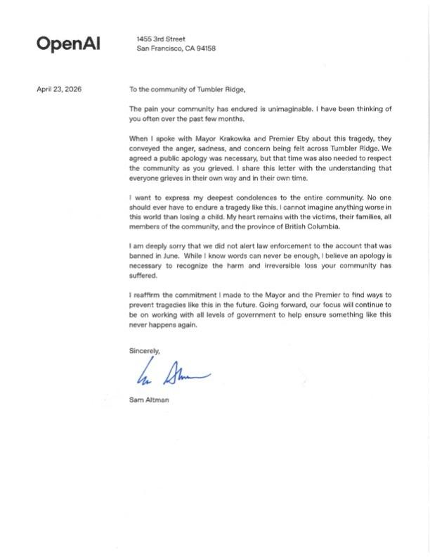 Sam Altman Apologizes to Tumbler Ridge After OpenAI Failed to Alert Police