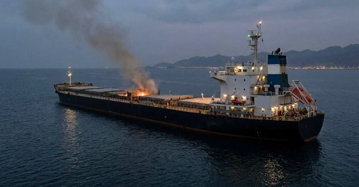 Unknown Projectile Hits Vessel Near Strait of Hormuz, Fire Breaks Out Onboard