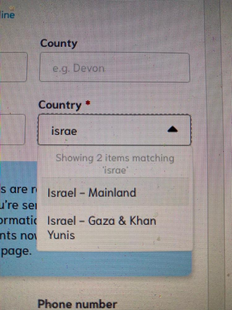 Royal Mail send tool country selector listing Gaza and Khan Yunis as an option grouped under Israel.