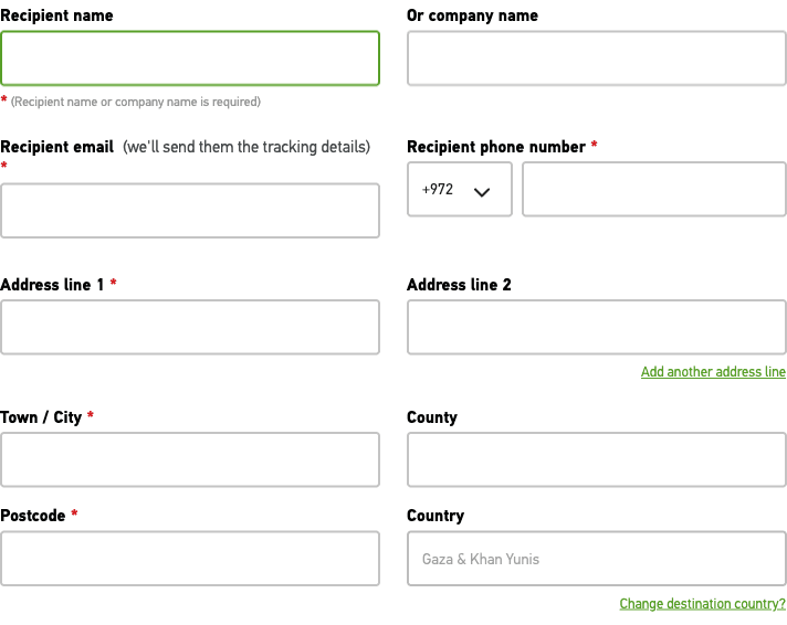 Royal Mail send tool destination form: recipient phone number defaulting to +972 and Country set to Gaza & Khan Yunis.