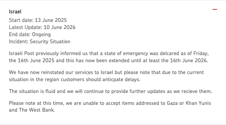 Royal Mail international incident bulletin, Israel section, stating they cannot accept items addressed to Gaza or Khan Yunis and The West Bank.
