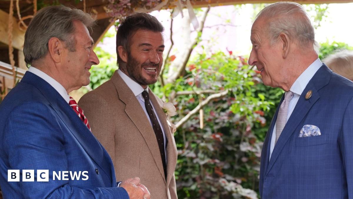 King Charles III and Queen Camilla Meet David Beckham at RHS Chelsea Flower Show in London