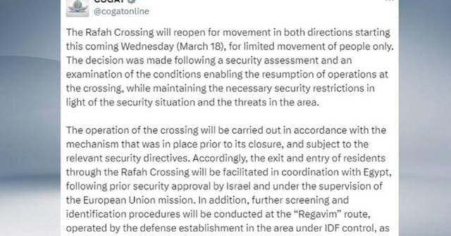 Israel to Partially Reopen Rafah Crossing for Limited Gaza Travel