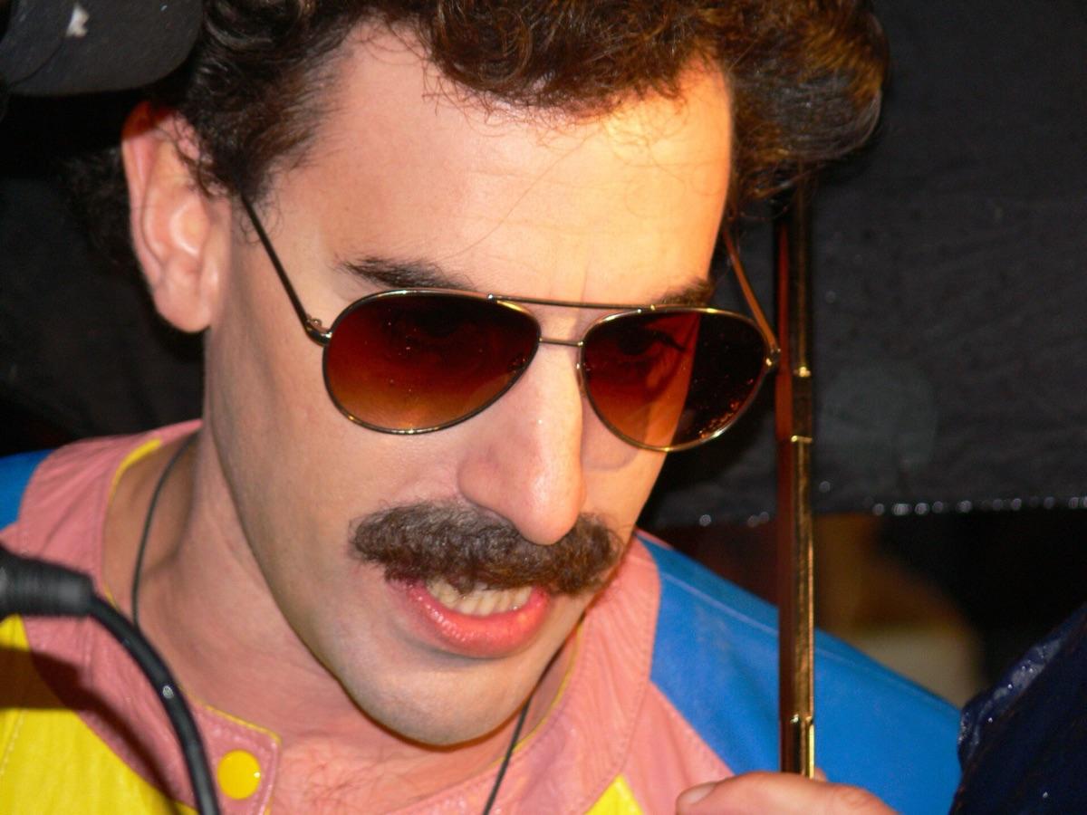 Sacha Baron Cohen in costume as Borat at the film's London premiere in Leicester Square