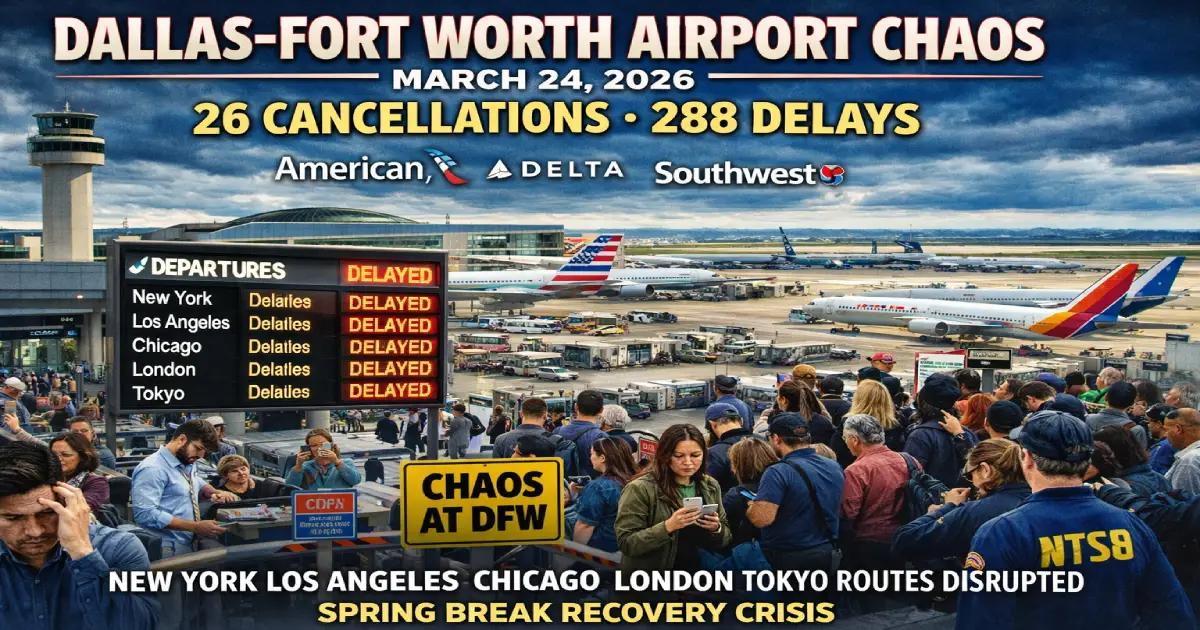 Dallas-Fort Worth Airport Chaos March 24, 2026: 26 Cancellations + 288 Delays—American Delta Southwest Hit, New York Los Angeles Chicago London Tokyo Routes Disrupted, Spring Break Recovery Crisis