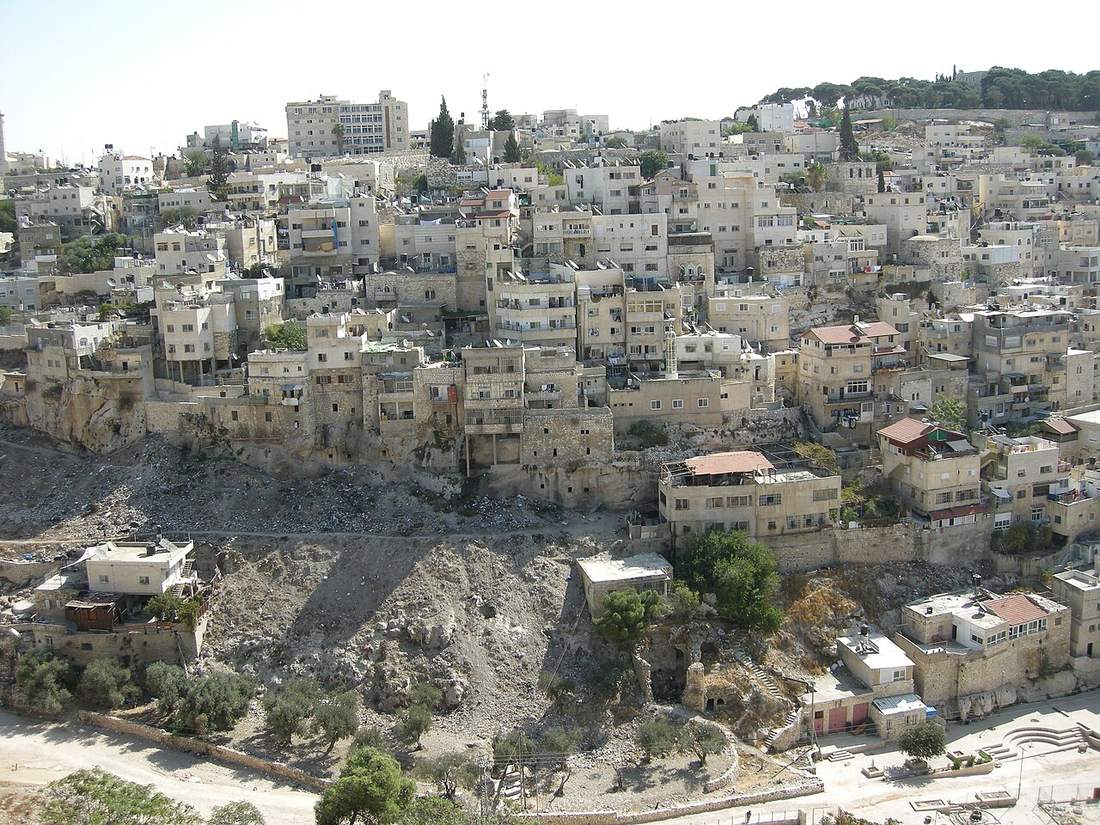 The Palestinian homes of Silwan, in occupied East Jerusalem, climbing the hillside opposite the City of David