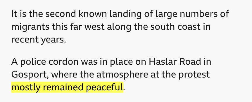 Screenshot of the BBC News report of 5 October 2026: A police cordon was in place on Haslar Road in Gosport, where the atmosphere at the protest mostly remained peaceful. The words mostly remained peaceful are highlighted.