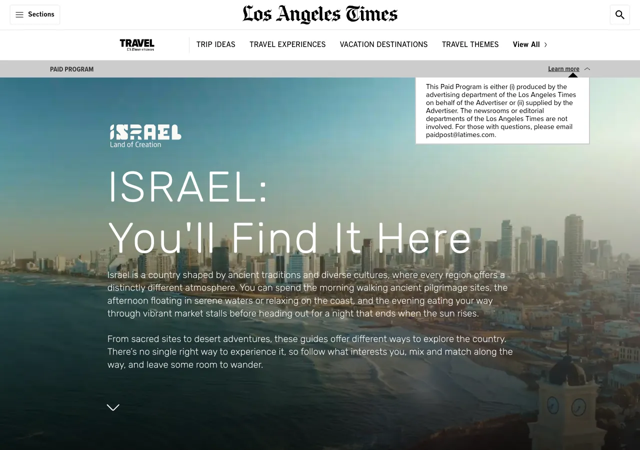 The Paid Program disclosure box opened on the Los Angeles Times page, saying the page was produced by the Times advertising department on behalf of the Advertiser or supplied by the Advertiser, and giving paidpost@latimes.com for questions.