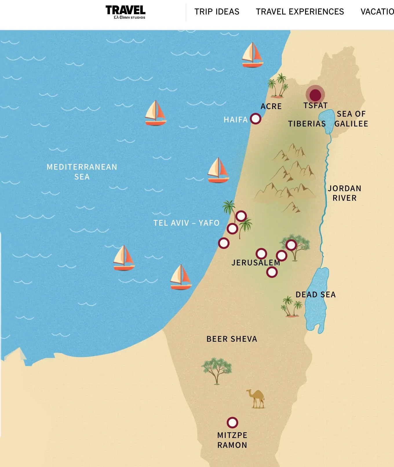 The advert's illustrated map under the LA Times Studios travel header, colouring the land from the Mediterranean to the Jordan River as one country, with destination pins.