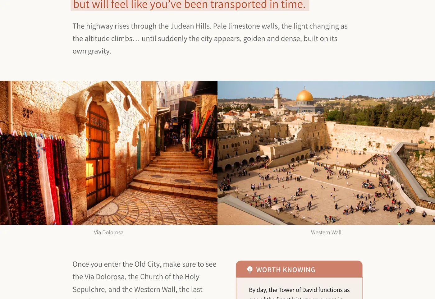 The 9 Days in Israel itinerary showing photographs captioned Via Dolorosa and Western Wall, with the Dome of the Rock above the plaza.